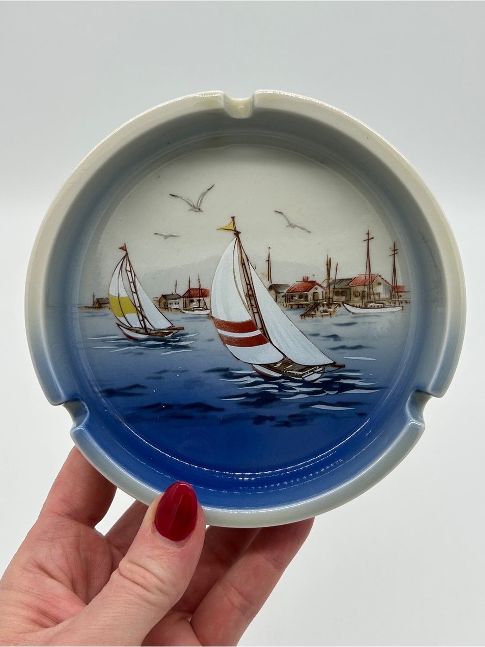 Vintage Otagiri Japan Hand Painted Sailboat Ceramic Ashtray Nautical Mid Century